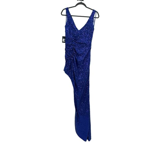 Mac Duggal Sequin Draped Faux Wrap Asymmetrical Hem Gown Cobalt Size 6 NWT - Picture 10 of 12